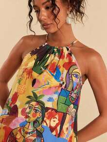 Vestido corto holgado con hombros al descubierto y estampado tejido para mujeres para vacaciones - Multicolor 10 - Ver 4