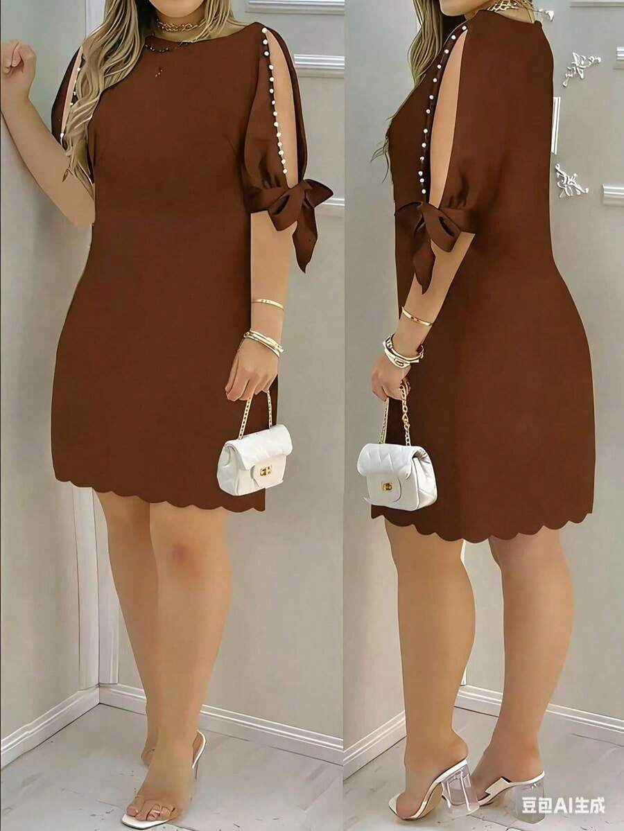 Vestido de mujer con estampado floral, mangas abiertas y adornos de perlas, adecuado para vacaciones, uso casual, diario y diversas reuniones elegantes de verano - Cafetería - Ver 1
