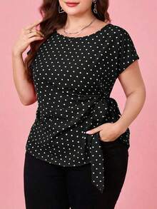 Camisa casual de manga corta con diseño plisado y teñido anudado para mujer de talla grande, adecuada para vacaciones, fiestas y salidas - Blanco y Negro - Ver 1