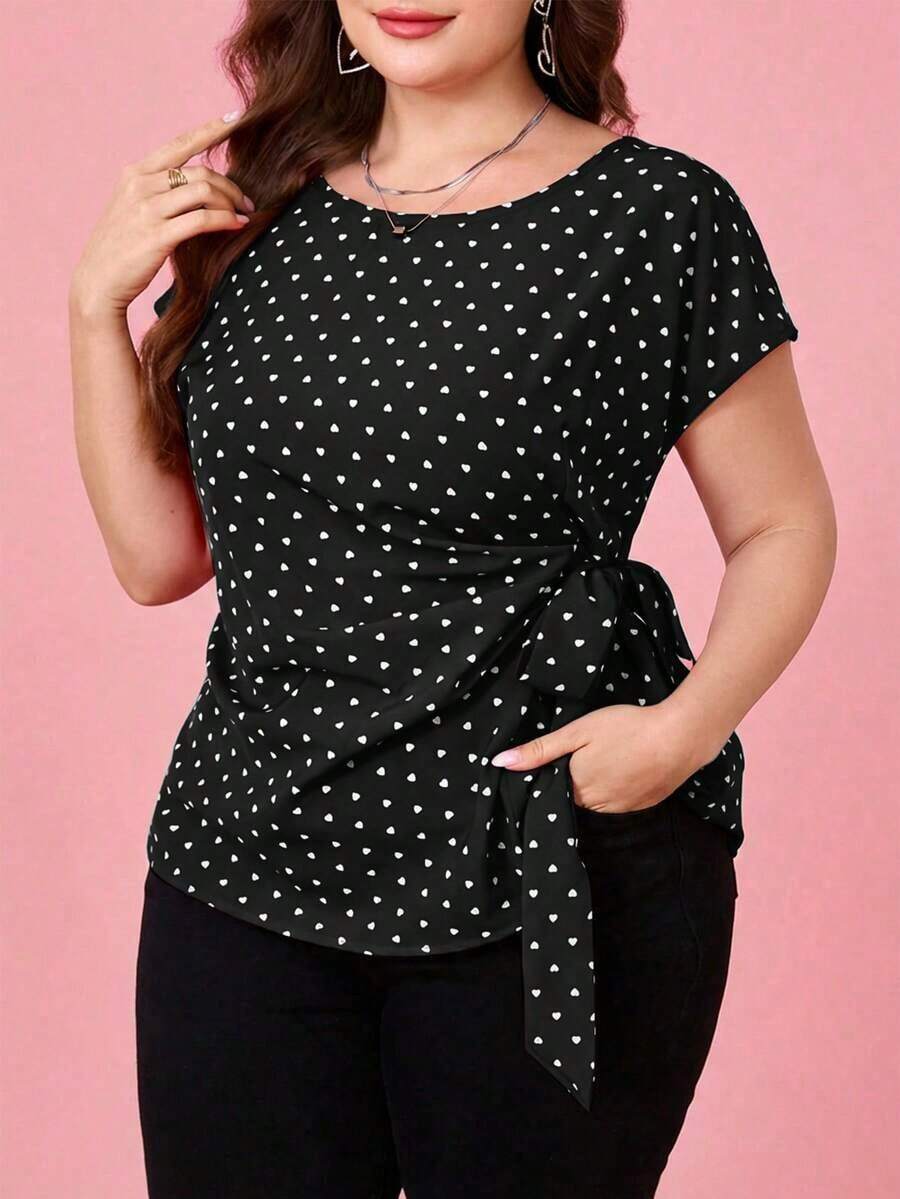 Camisa casual de manga corta con diseño plisado y teñido anudado para mujer de talla grande, adecuada para vacaciones, fiestas y salidas - Blanco y Negro - Ver 1
