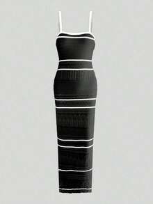 Vestido de punto ajustado sin mangas con rayas negras y beige elegante y minimalista para mujer, vestido de ganchillo ajustado casual con recortes, para primavera/verano/otoño - Blanco y Negro - Ver 5