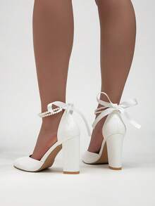 Women's New Elegant Sexy Wedding, Date, Party Pearl Chain Bow Solid Color Pointed Toe Thick Heel High Heels - White - View 6