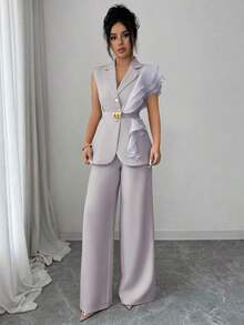 Traje formal elegante de mujer color albaricoque, conjunto de blazer con cuello de volantes de organza con lentejuelas y cintura con lazo, que incluye chaqueta sin mangas y pantalones rectos, color burdeos, adecuado para Halloween, Navidad, - Gris - Ver 6