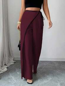 Elenzya Pantalones anchos de traje de color block elegante color albaricoque para mujeres - Burdeos - Ver 3