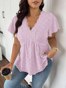 CosyJoli Camiseta de mujer de talla grande con cuello en V, parche de encaje y textura a rayas en forma de A - Rosa - Ver 5
