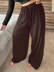 Plus Size Women's Straight Leg Pajama Pants With Elastic Waist And Drawstring, Solid Color Lounge Pants For Autumn And Winter - 棕色 - 查看 2