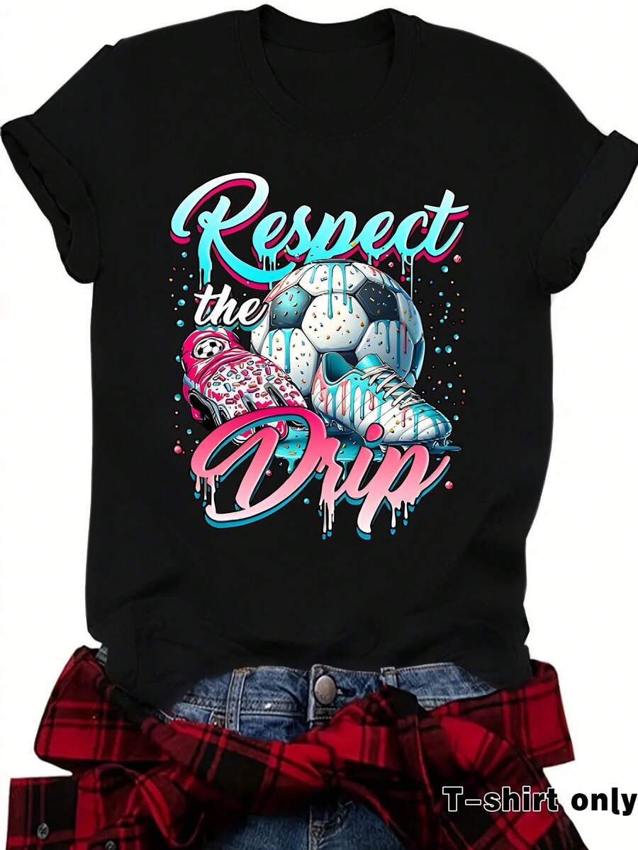 Camisetas casuales de manga corta para mujer, estilo europeo y americano, camisetas de verano de cuello redondo para la Copa Mundial de México y Canadá, en stock para comercio exterior. - Negro - Ver 1