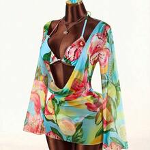 3pcs Women's Floral Cover-Up Swimsuit Set, Sexy Backless Deep Draped Neck Design, Suitable For Holiday Wear Beach Vacation Outfits For Women - Multicolor - Ver 4