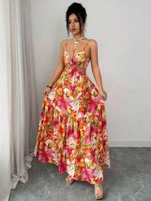 xheElenzga Vestido casual/de trabajo de longitud media sin mangas con estampado que estiliza la línea de la cintura para mujerxhe - Multicolor - Ver 8