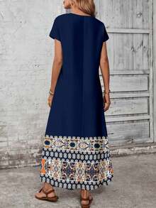 YHHEMERY ROSE Vestido largo de mujer estilo bohemio con estampado, cuello redondo, manga corta tipo murciélago, bajo acampanado, informal y multicolorYHH - Azul marino - Ver 2