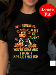 Camiseta de manga corta con cuello redondo y estampado divertido de vaca, top casual de primavera/verano, ropa de mujer de talla grande. - Negro - Ver 6