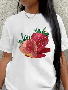 This Lightweight And Durable Short-Sleeved T-Shirt, Designed With A Strawberry Print, Is Perfect For Casual Wear In The Kitchen Or Living Room, Offering A Comfortable Everyday Experience. Its Vibrant Style Is Ideal For Summer. - 白色 - 查看 7