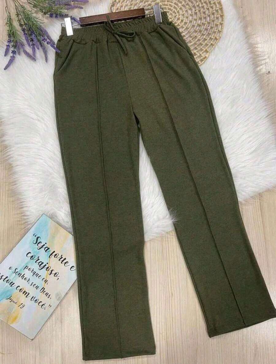 High-Waisted Wide-Leg Pants With Crease, Plain Wool, For Winter. - Army Green - View 1