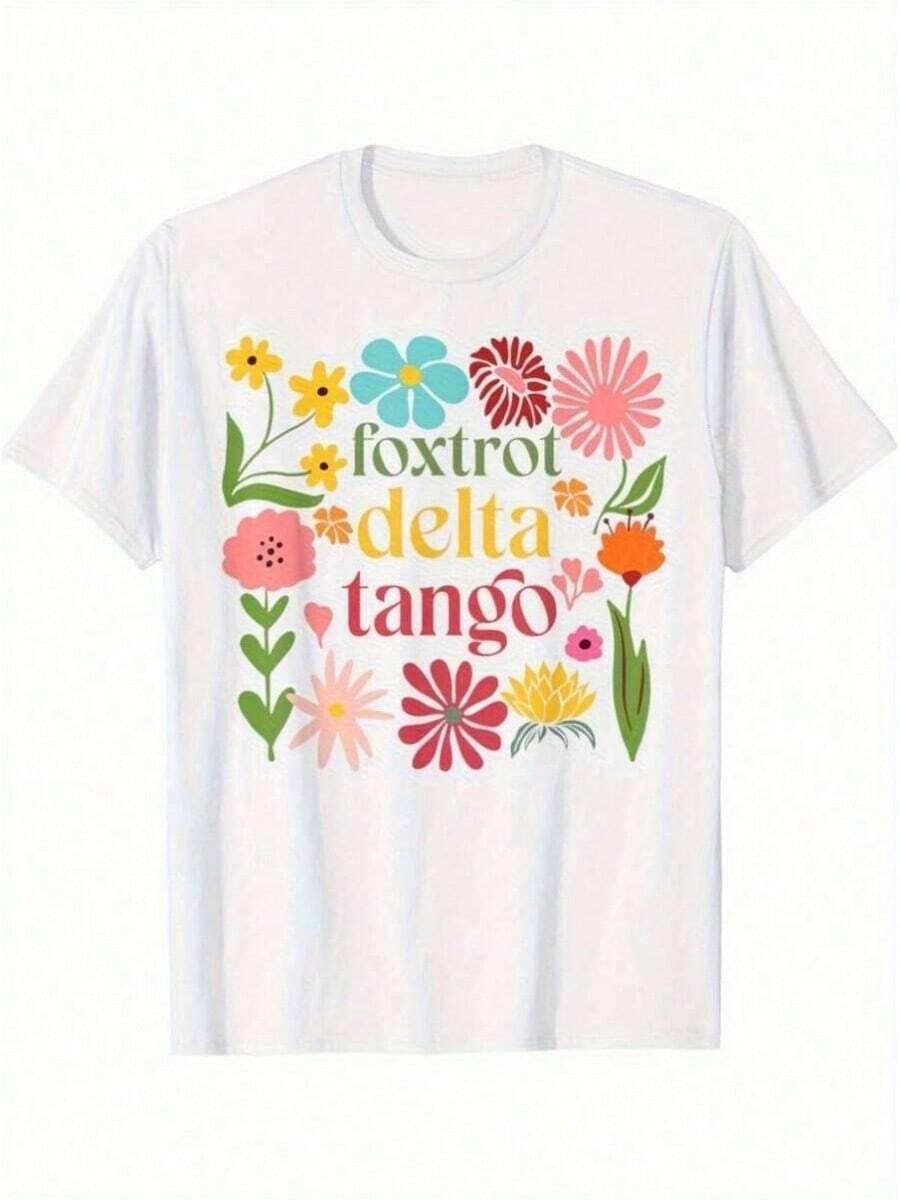 1 Piece Subt Floral Print T-Shirt, Zorro Glove, Daisy And Tulip 8647, For All Seasons, Cotton, Single-Sided Print, Round Neck, Short Sleeve, 180g, 100% Cotton, Designs Are Fully Printed. Unisex. - 黑色 40 - 查看 1