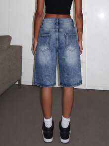 Retro Sweet Design Loose Casual 5-Inch Denim Shorts For Women - Dark Wash - View 3