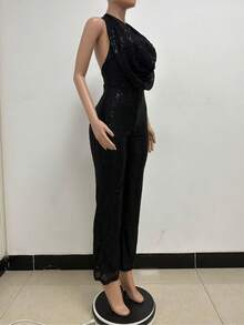Monochromatic Gold Sequined Dress, Deep V-Neck Halter Neckline, Sleeveless Wide-Leg Design, Stretchy Shimmering Fabric Ideal For Evening Parties, Festive Events And Winter, Glamorous Sexy Style Perfect For Elegant Dinners And Celebrations - 黑色 - 查看 3