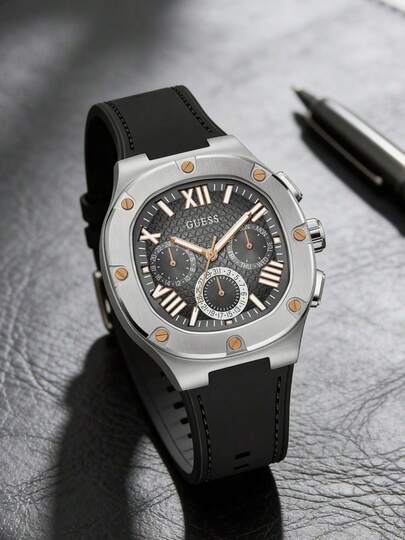 Guess Octagonal Case Roman Numeral Three-Eye Calendar Chronograph Men's Quartz Watch, Black Textured Dial Silicone Waterproof Strap Light Luxury Fashion Watch, Business Commute Outdoor Travel Daily Fitness Date Gathering Versatile Accessory, Birthday Anniversary Father's Day Coming-Of-Age Gift For Boyfriend Husband Dad Light Luxury Gift, Retro Contrast Color Bolt Decoration Multifunctional Men's Watch, Model: GW0571G1
