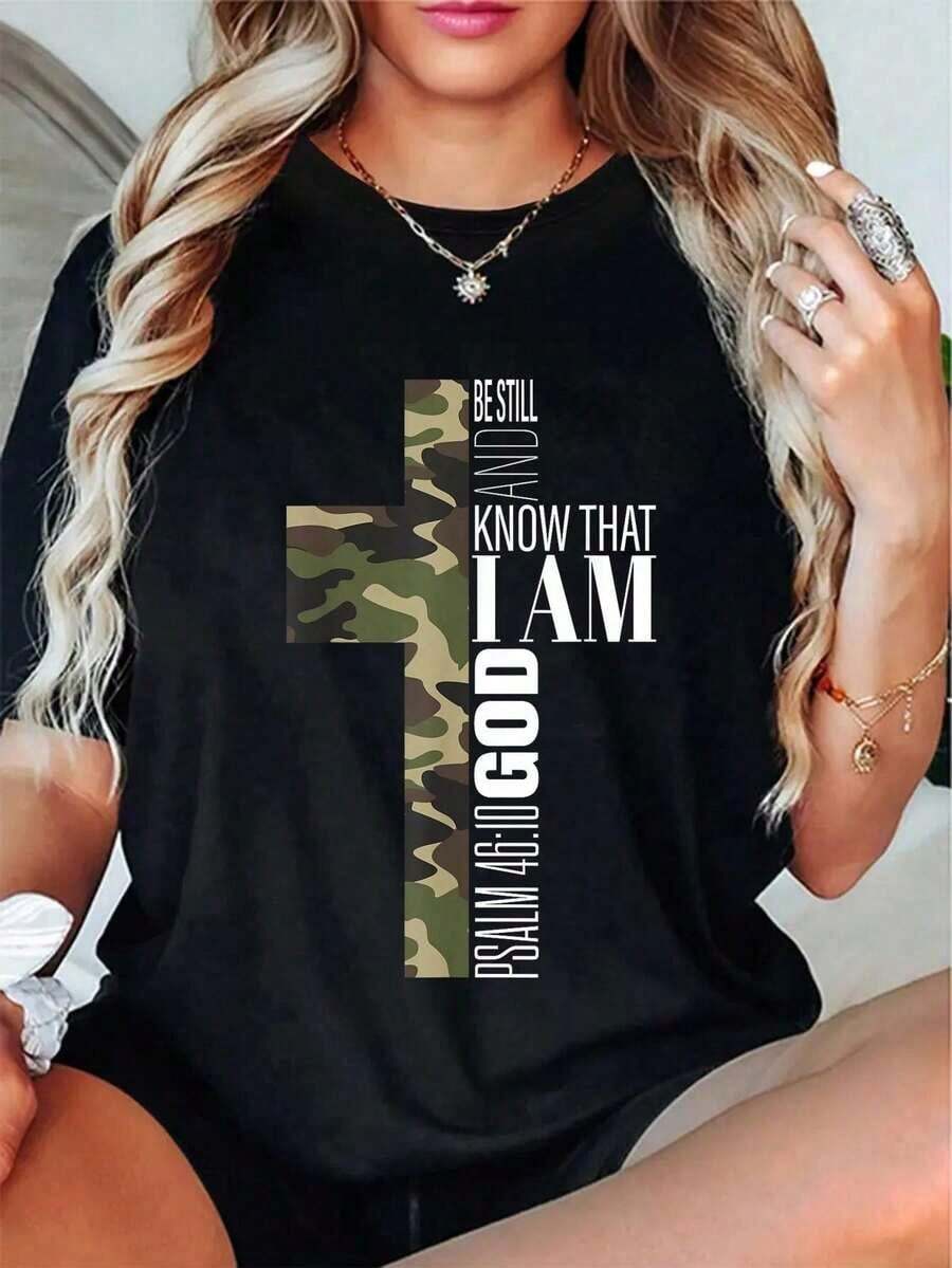 Camiseta de Manga Corta para Mujer,% Algodón, con Versículo Bíblico Cristiano Manténganse Tranquilos y Conozcan a Dios, Camuflaje Verde con Cruz, Camiseta Casual de Manga Corta - Negro - Ver 1