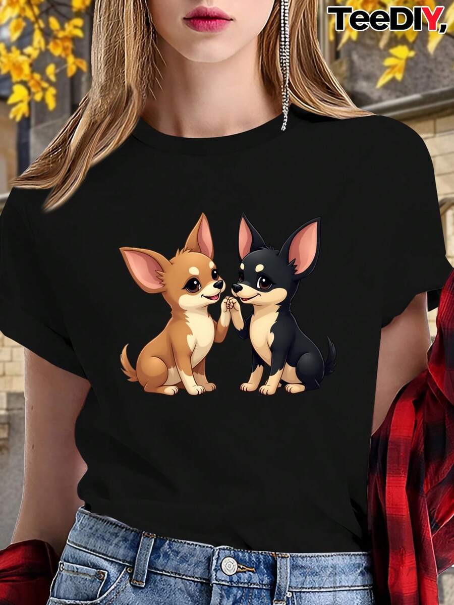 Camiseta de Amistad para Mujer con Hermoso Diseño de Chihuahua - Ropa Suave para Uso Diario con Diseño de Cachorro Marrón y Negro - Ropa Casual para Amantes de Mascotas - Camiseta Cómoda de Algodón Suave y Holgada para Uso Casual. - Negro - Ver 1