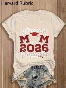 "Proud Mom Of A Class Of 2026 Graduate" T-Shirt - 1 Piece, 100% Multicolor, Crew Neck, Y2K Fashion, Vintage, Breathable, Streetwear, Casual, Versatile, Summer Essential - Gift For Family Reunions, Women's College Graduation T-Shirt - 杏色 - 查看 7