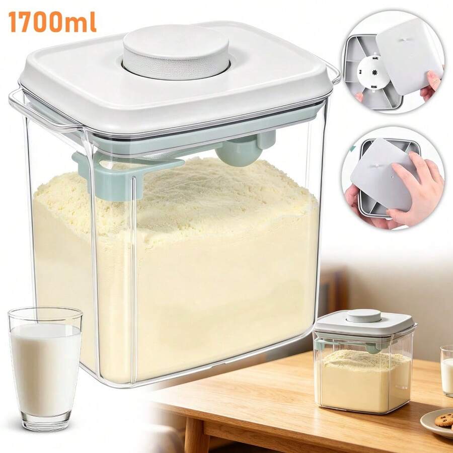 Dicht verschlossener, luftdichter 1700-ml-Aufbewahrungsbehälter (mit Löffel und Silikon-Dichtungsring) für Milchpulver – Stapelbare Aufbewahrungsbox, geeignet zur Aufbewahrung von Milchpulver, Mehl, Nüssen, Bohnen und Süßigkeiten; ideal für die heimische Küche und auf Reisen. - Weiss - Übersicht 1