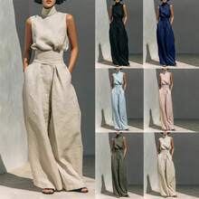 2026 New Foreign Trade European American Women Cotton Linen Sleeveless Top & Long Pants Casual Two Piece Set - 玫紅色 - 查看 2