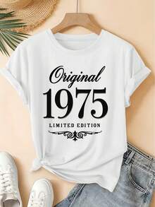 Camiseta unisex de manga corta, Camiseta de edición limitada vintage de 1975 para mujer - Estampado retro desgastado de cumpleaños, cuello redondo, manga corta.|Suave, adecuado para primavera, verano, otoño, uso casual, lavable a máquina, ropa no formal para atuendos diarios, playeras hombre, spiderman, ,  mujer, romwe men, boho chic, regalos para maestras, camiseta para mujer, conjuntos curvy para mujer, y2k. - Blanco - Ver 1