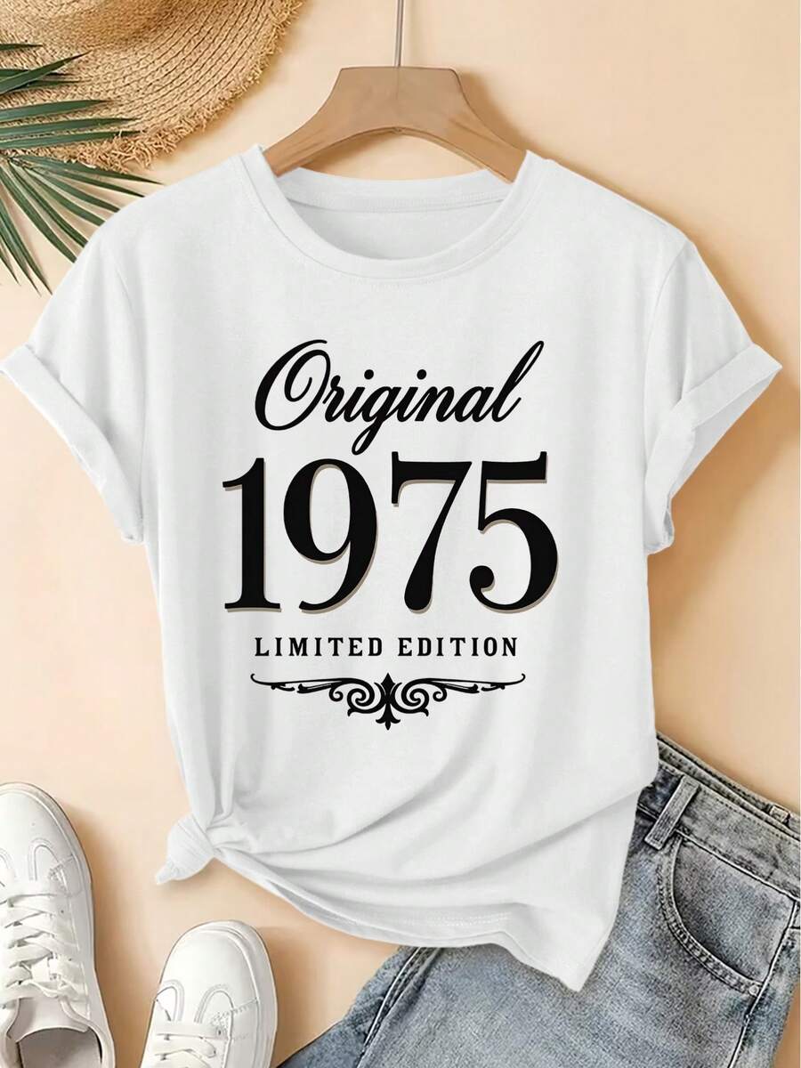 Camiseta unisex de manga corta, Camiseta de edición limitada vintage de 1975 para mujer - Estampado retro desgastado de cumpleaños, cuello redondo, manga corta.|Suave, adecuado para primavera, verano, otoño, uso casual, lavable a máquina, ropa no formal para atuendos diarios, playeras hombre, spiderman, ,  mujer, romwe men, boho chic, regalos para maestras, camiseta para mujer, conjuntos curvy para mujer, y2k. - Blanco - Ver 1