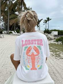 1 Piece [Double-Sided Print] Women's Spring And Summer Clothing, Women's Top, Illustrative Style, Lobster, Lemon, LOBSTER LOCAL FRESH SEAFOOD, Versatile, Short Sleeve, Dropped Shoulders, Pure Cotton Oversized T-Shirt [Quan K] 100% Cotton - 白色 - 查看 4