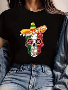Camiseta unisex, para mujerCNCODEMAYOCortoMangaCamiseta-DelgadoAjusteRedondoCuelloInformalSuperiorconSalvajeCirculoMexicanoGrupoNombreImprimir,PrimaveraVeranoInformalVestimenta&CNCODeMa - Negro - Ver 6