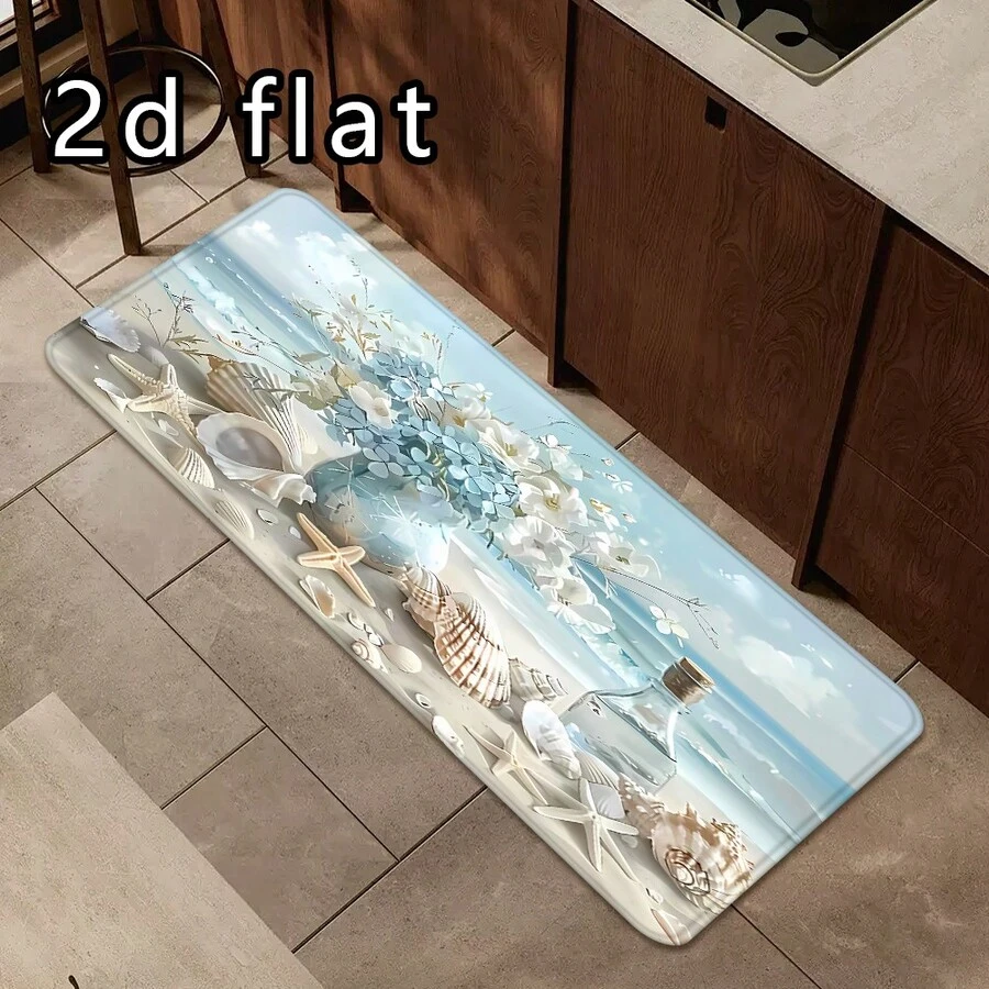 1 pieza/2PCS/3PCS Alfombras de cocina, estampado de conchas marinas & flores, antideslizante, absorbente de agua, suave & cómodo, fácil de limpiar, ideal para la decoración del piso de la cocina
