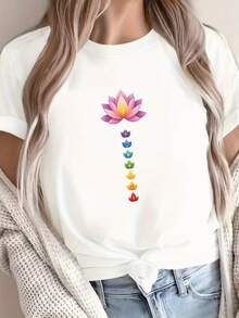Cozy Comfy Lounge, camiseta cómoda de una pieza para mujer, primavera/verano, estampada con motivos de loto y siete chakras, elegante para fiestas, regalo de vacaciones, ropa suave y relajada para el hogar. - Negro - Ver 7