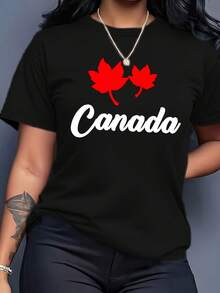 Camiseta de manga corta para mujer, ligera y transpirable, 180g, con estampado de hoja de arce canadiense, lavable a máquina, suave y transpirable, adecuada para todas las estaciones, top casual de cuello redondo, ideal para combinar en conjuntos de primavera y otoño. - Negro - Ver 6