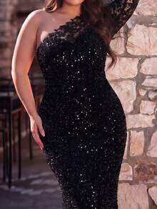 Chiếc đầm đuôi cá đính sequin lộng lẫy và thanh lịch này có thiết kế cổ áo bất đối xứng, hoàn hảo cho đám cưới, thảm đỏ, đêm nhạc opera, dạ hội trang trọng, tiệc tùng, khách mời đám cưới, các dịp trang trọng và các sự kiện buổi tối. - màu đen - Xem 4