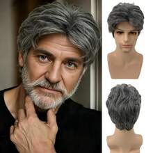 Men's Black Gray Short Heat-Resistant Soft Layered Wig Is Suitable For Daily Festivals Such As Father's Day And Halloween - Grey - View 1
