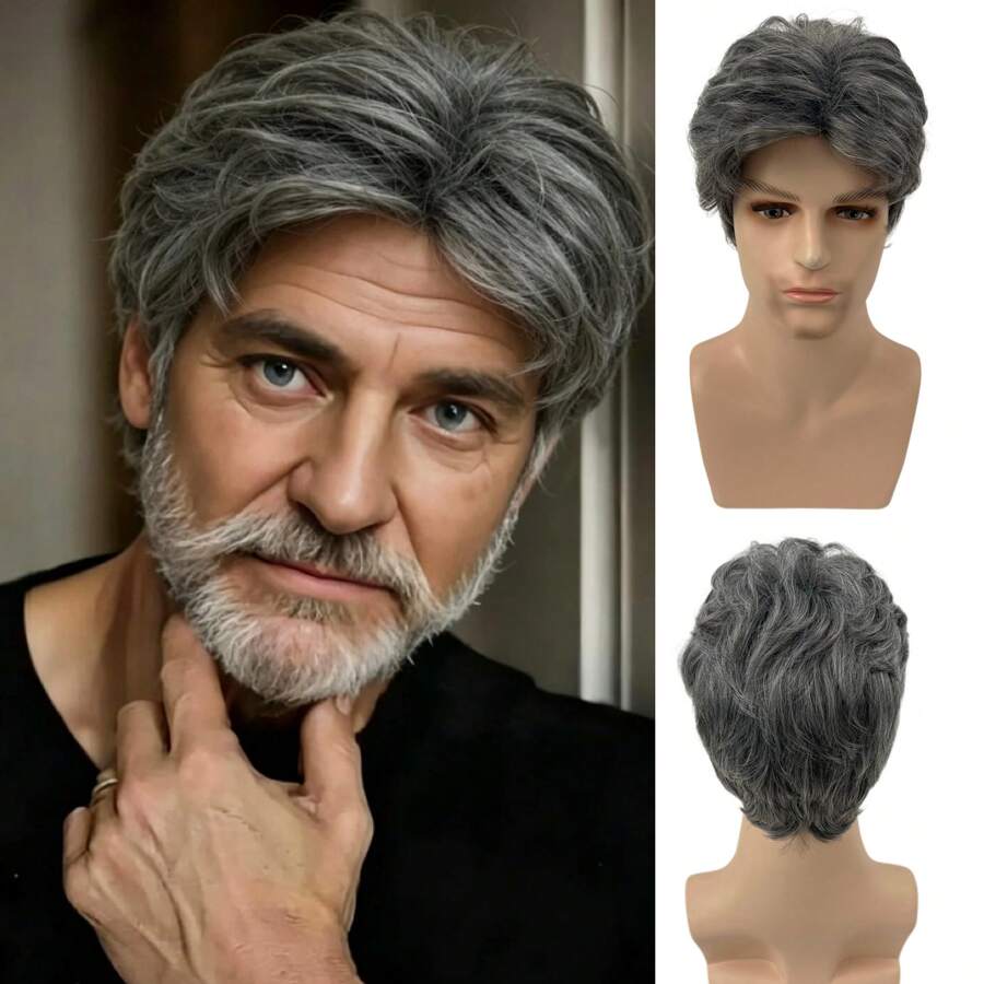 Men's Black Gray Short Heat-Resistant Soft Layered Wig Is Suitable For Daily Festivals Such As Father's Day And Halloween - Grey - View 1