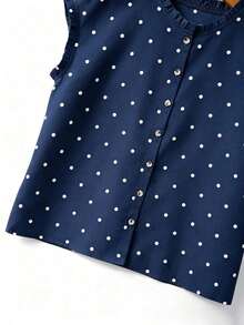 Blusa de mujer con cuello redondo, sin mangas, abotonada, con volantes y estampado de lunares vintage francés, versátil para el trabajo, el té de la tarde y el uso diario, suelta y casual - Verde militar - Ver 4