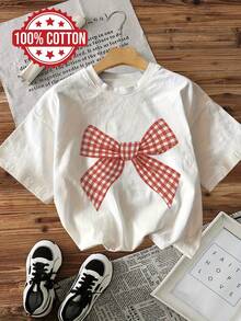 Camiseta casual de manga corta y cuello redondo para mujer - Estampado de lazo a cuadros rojo y blanco, lavable a máquina, cómoda para todas las estaciones, corte regular, moda para el día a día, ropa con encanto rústico, tela no transparente, top de verano, material transpirable, top estampado, blusas para mujer para primavera y verano. - Blanco - Ver 7