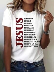 Women'S Inspirational Jesus Quote T-Shirt, Short Sleeve Crew Neck, Casual Polyester Knit Top, All-Season Comfort, Regular Fit, Black Graphic Print Tee For Spring & Summer - 彩色 - 查看 6