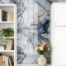 1 Roll Gold & Blue Marble Pattern Waterproof Removable Wallpaper, Glossy Marble Texture, Suitable For Kitchen, Bathroom, Table, Can Be Used As Sticker, Vinyl Decal, Home Decor, Spring Decoration, Refresh Your Home, Holiday Decor, Birthday/Graduation Gift, Wallpaper, Wall Decor, Room Decoration - Blue - View 4
