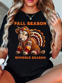 1 pieza Autumn Snuggle Season, divertida camiseta con estampado de vaca y pavo, 180g, 100% algodón - Negro - Ver 12