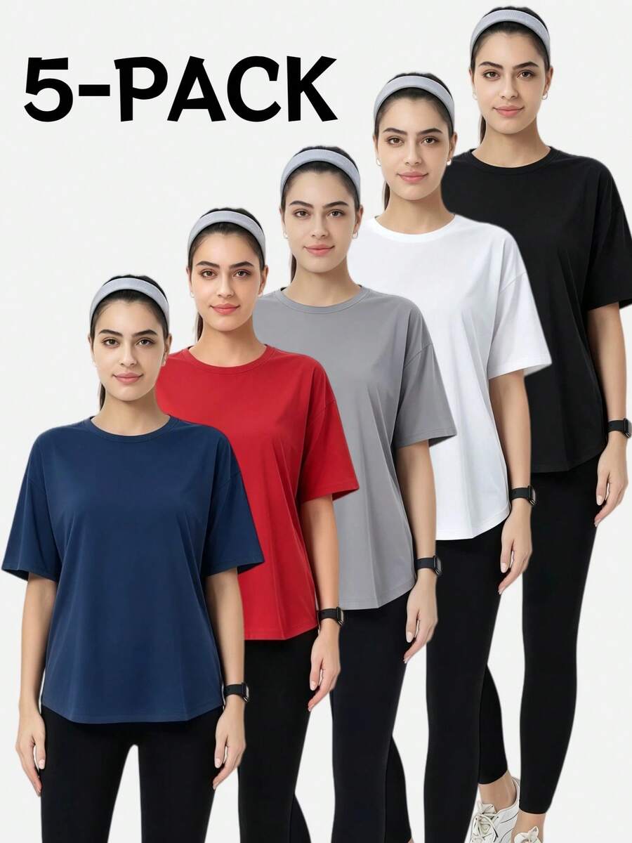 OKP 5PACK Women's Large Size Solid Color Sports T-Shirt,Ropa Deportiva Mujer Gym,Basic Urban Commute Style, Simple Elegant Fashionable Business Casual Outfit, Plus Size Clothing,Gym Clothes Women,Workout Sets Women