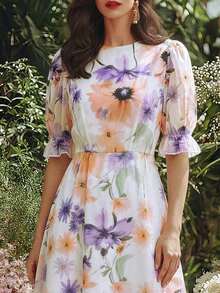Vestido holgado con estampado francés, puños elásticos y cintura drapeada fluida para mujeres. Vestido floral vintage elegante para mujer, vestido de flores de primavera, vestido de verano para mujer. - Multicolor - Ver 3