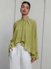Blusa elegante y lujosa de gasa con volantes y capas en color púrpura-rojo para mujer - Blanco - Ver 6