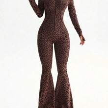 Dewbera 1pc Women's Seamless Sexy Leopard Print Mock Neck Front Zipper Thumb Hole High Waist Contour Sports Running Fitness Gymnastics Dance Long Sleeve Flared Jumpsuit - Multicolor - Ver 6