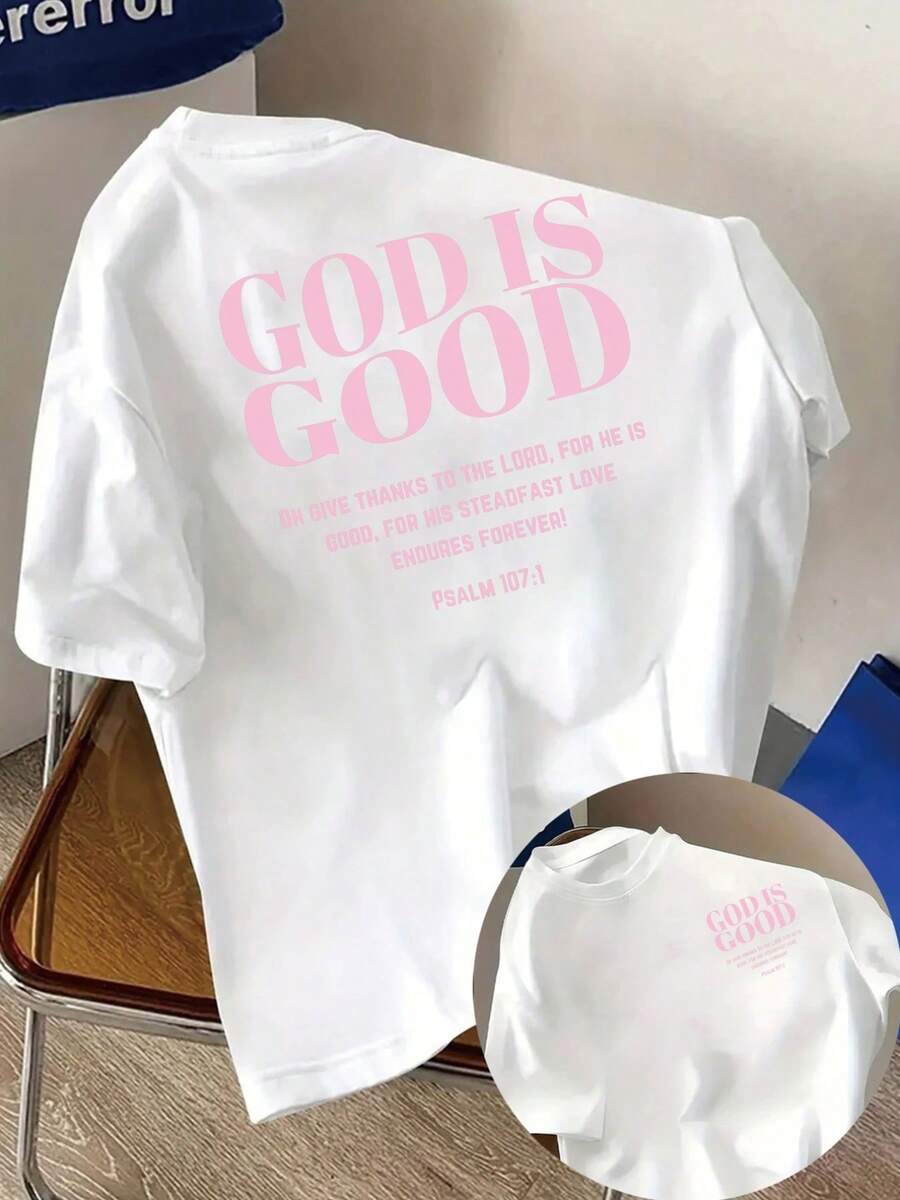 Short-Sleeved T-Shirt With Front And Back Print - "God Is Good, Thank You Lord" Print - Women's Print T-Shirt For Spring/Summer, Fashionable Item. Elegant Party Outfit, T-Shirt For Elegant Ladies, Blouses Suitable For Curvy Women, Prom Skirts, Casual Wear - 白色 - 查看 1