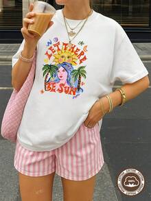 Women's Summer Clothes, 1 Piece, "Let The Sun Shine" - Summer Sun Print T-Shirt, Palm Trees And Women, Round Neck, Short Sleeve,  Casual Top, Stylish Party Wear, Loose Fit, Holiday Gift, Fun Design, Everyday Wear, Loungewear. Printed, Simple, Versatile, Loose Fit, Fitted Round Neck Top. - 白色 - 查看 12