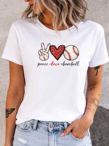Nueva camiseta casual de verano para mujer 2026, diseñada con motivos de paz, amor y béisbol - cuello redondo, elasticidad media, hecha de tela. XNZI - Blanco - Ver 7