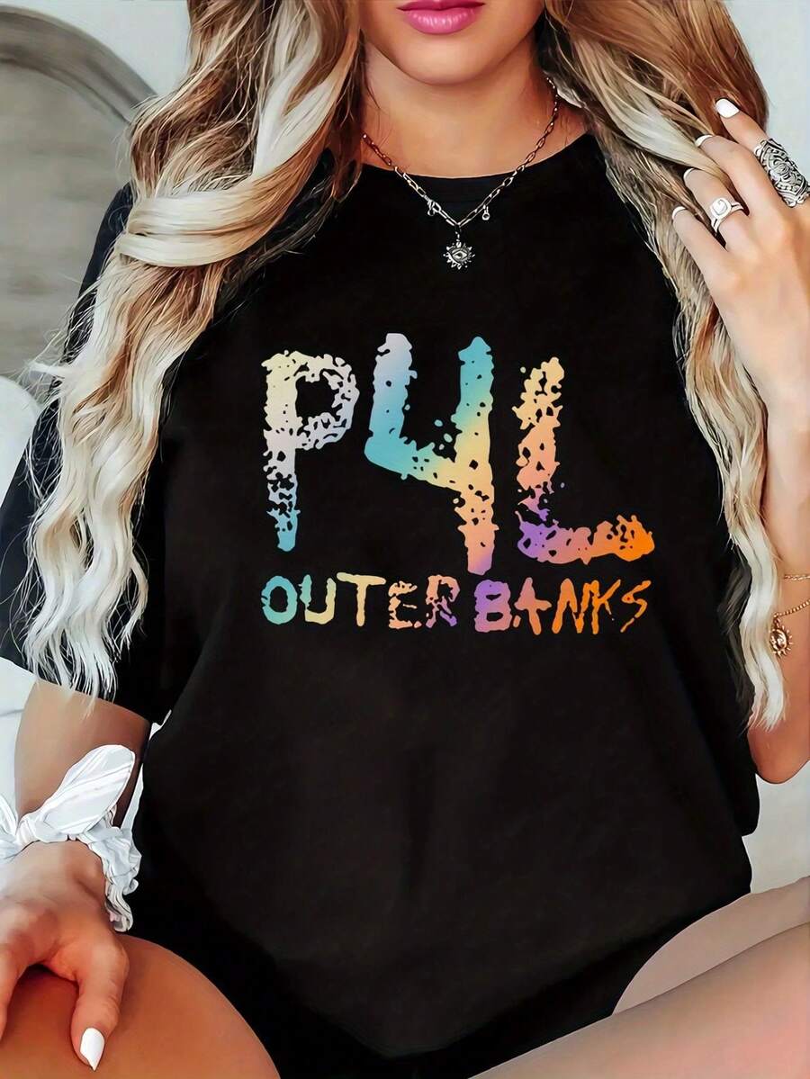 P4L Colorful Graphic T-Shirt, Loose And Comfortable Fit - Black - View 1