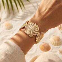 1pc Vintage Fashionable Seashell Metal Adjustable Bangle Bracelet, Versatile For Daily, Vacation, Commute - Gold - View 1